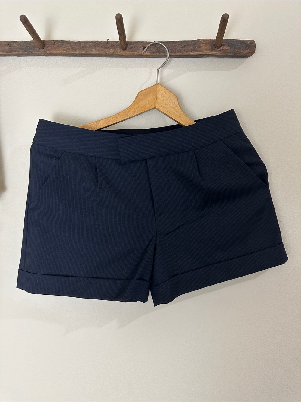 Women’s Black Pinstriped Tailored Dress Shorts with Pockets and Cuffed Hem